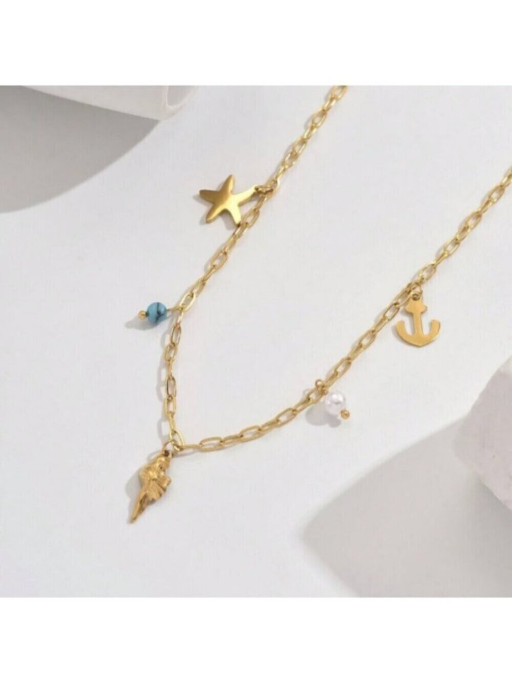 18K Gold Filled Nautical Charm Necklace – Starfish, Shell & Anchor - Picture 3 of 3